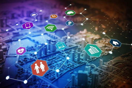 Image shows an abstract Internet of Things concept visual, smart city, smart grid, sensor network, environmental monitoring Image shows an abstract Internet of Things concept visual, smart city, smart grid, sensor network, environmental monitoring
