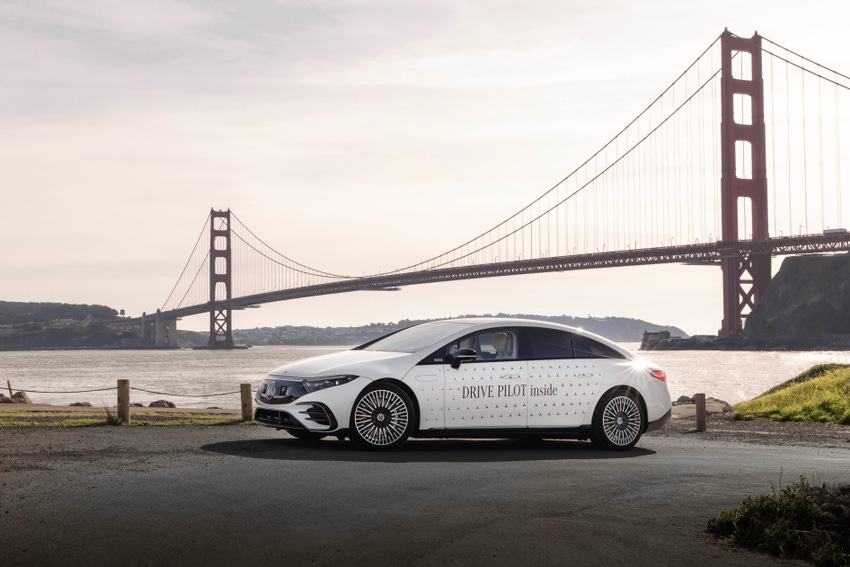 Image shows a Mercedes vehicle in front of San Francisco's Golden Gate Bridge