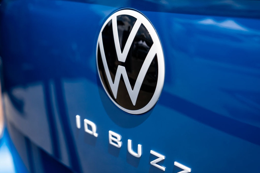 The emblem on a an electric Volkswagen SUV displayed during the Electrify Expo In D.C. on July 23, 2023 in Washington, D.C.