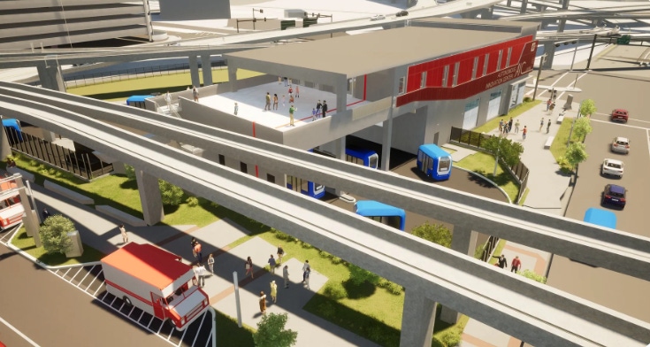 And artists rendering of Autonomous Innovation Center with vehicles entering and exiting