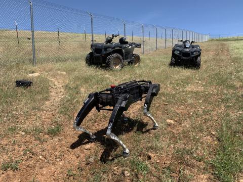 Image shows a robot dog operating alongside ATVs in the southwest U.S.