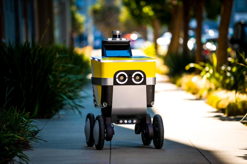 Image shows a Serve Robotics autonomous sidewalk delivery vehicle.