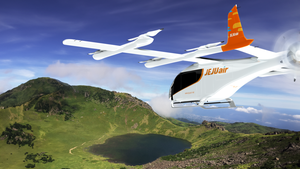 An image of the Jeeju Air vehicle from Eve Air Mobility near Mount Hallasan.