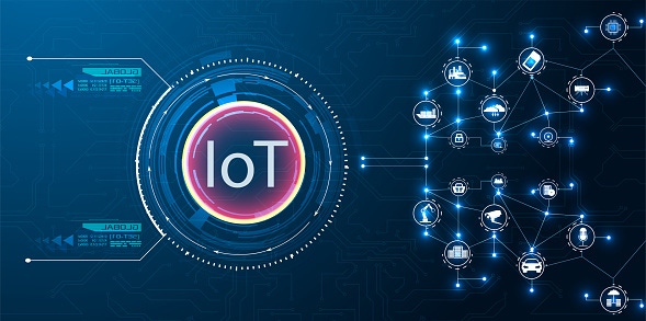 Image shows the concept of IOT technology on a blue background. The concept of connecting devices.