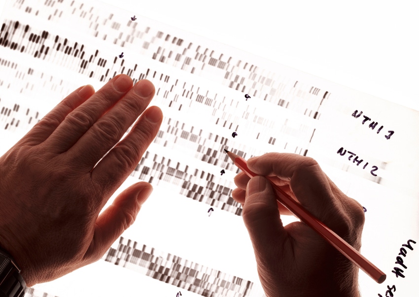 A person's hands, one holding a pen, over a backlit DNA sequence