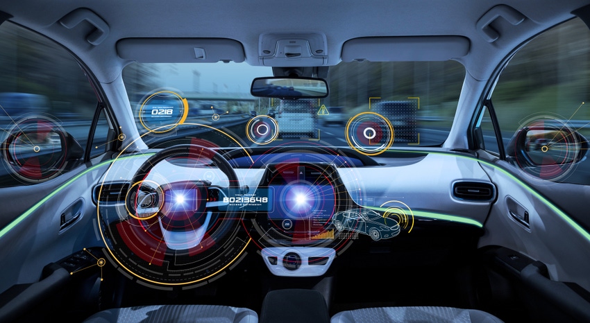 The steering wheel and dashboard of a self-driving car
