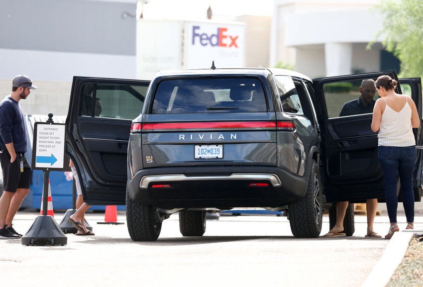 Image shows a Rivian R1S electric SUV is parked at a Rivian Service Center in Phoenix, Arizona.
