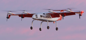 An Elroy Air cargo drone flies in the air. 