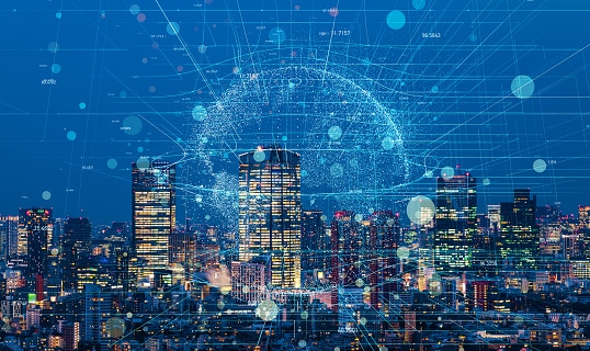 Image shows a modern cityscape and communication network concept. Image shows a modern cityscape and communication network concept.