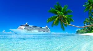 3D rendered Cruise ship with blue Sky, Turquoise sea and white sand, green palm trees.
