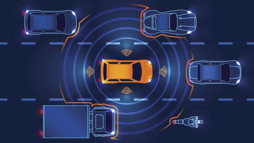 Image shows an autonomous smart car goes on the road in traffic. Scans the road, observe the distance. Image shows an autonomous smart car goes on the road in traffic. Scans the road, observe the distance.