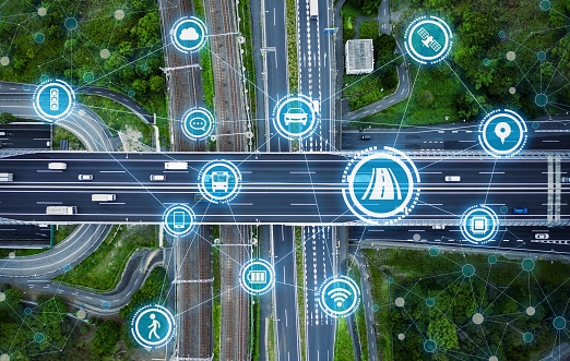 Image shows social infrastructure and communication technology concept. IoT(Internet of Things). Autonomous transportation.