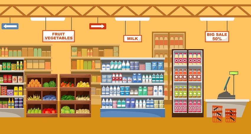 Supermarket interior with products. Big store. Vector illustration