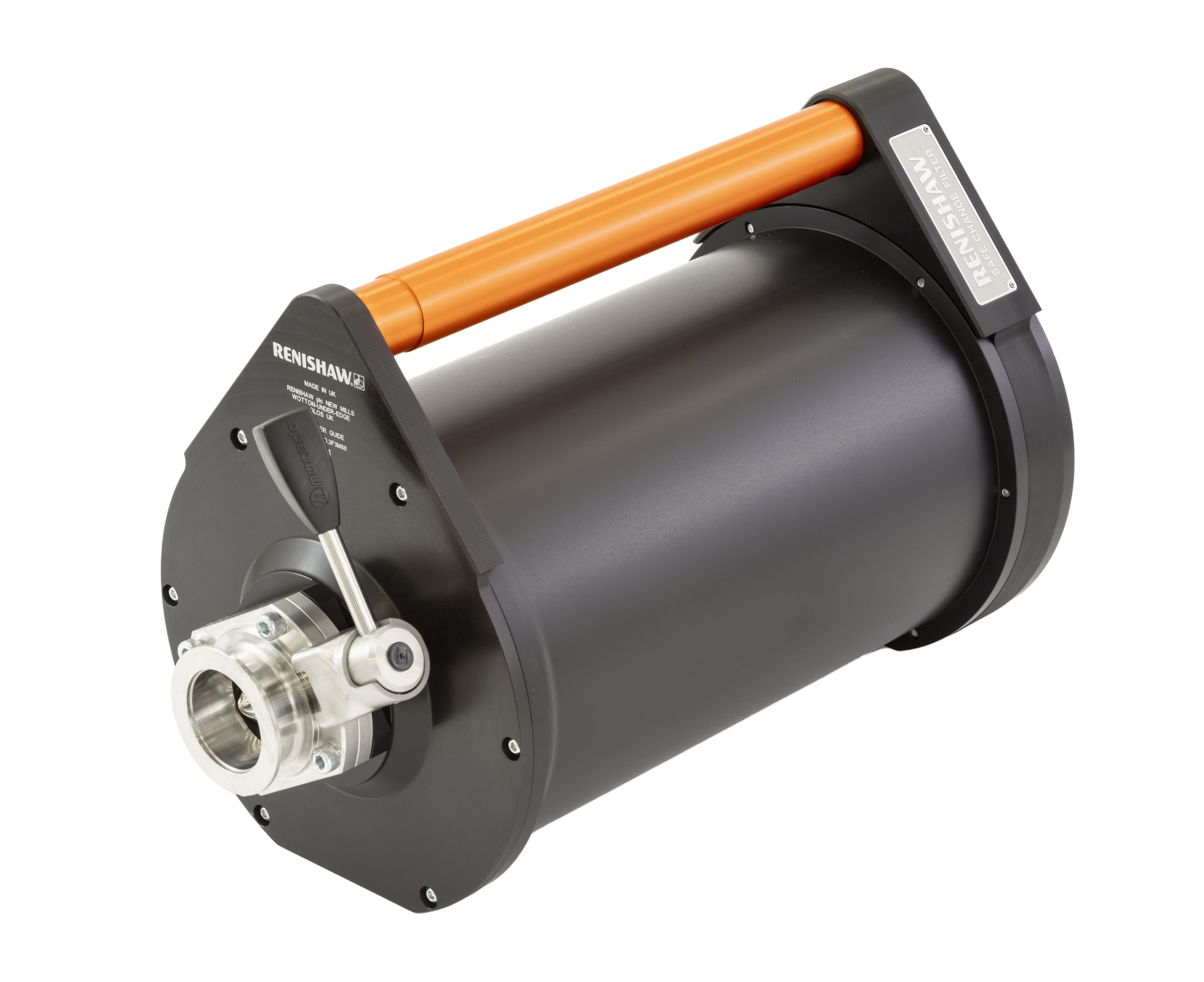A Renishaw SafeChange black additive manufacturing filter with orange handle