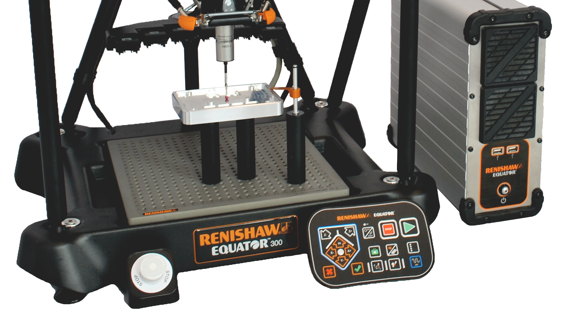 A Renishaw Equator™ Button Interface placed in front of an Equator™ gauging system.
