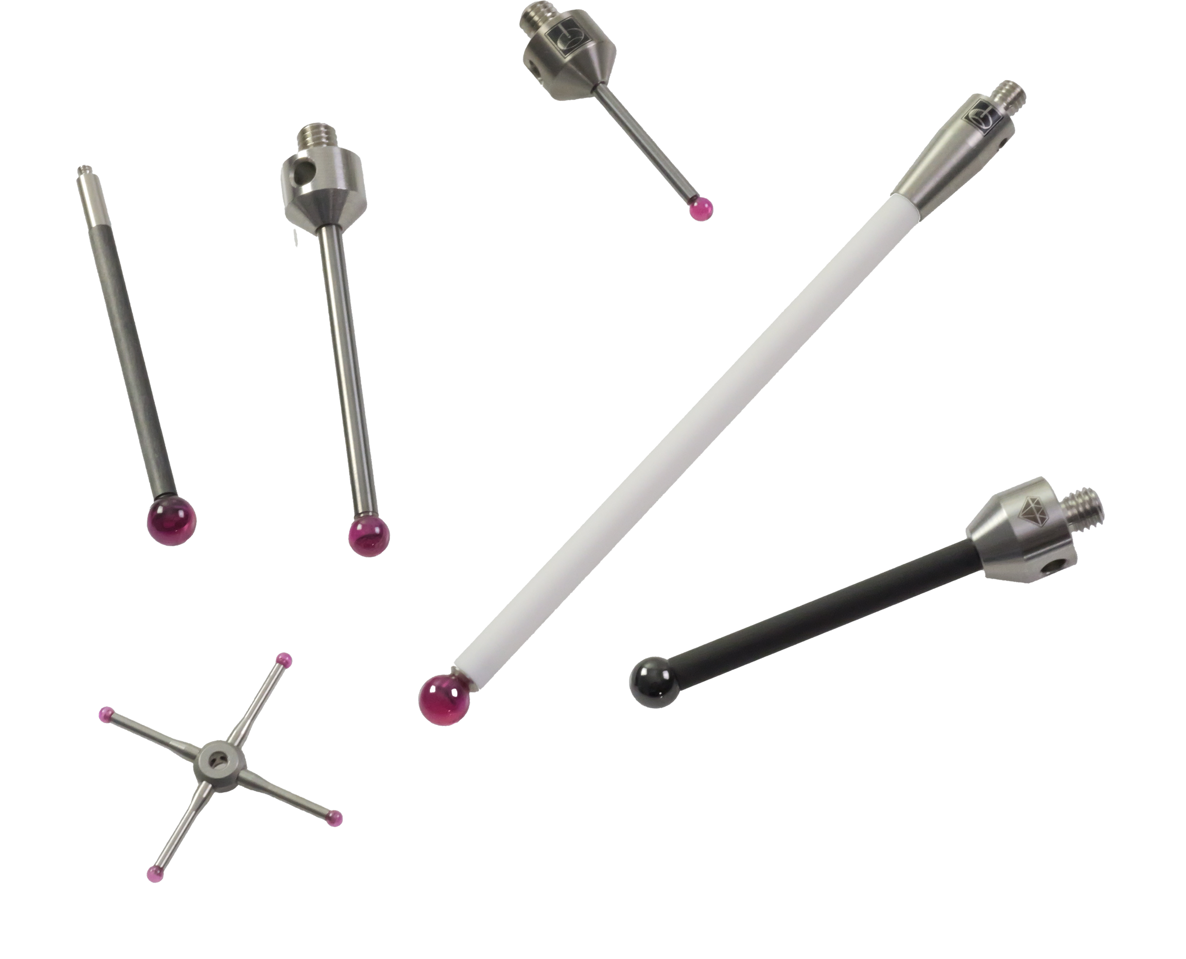 Une sélection de stylets Renishaw de différentes tailles, comprenant droit, étoile et diamant.