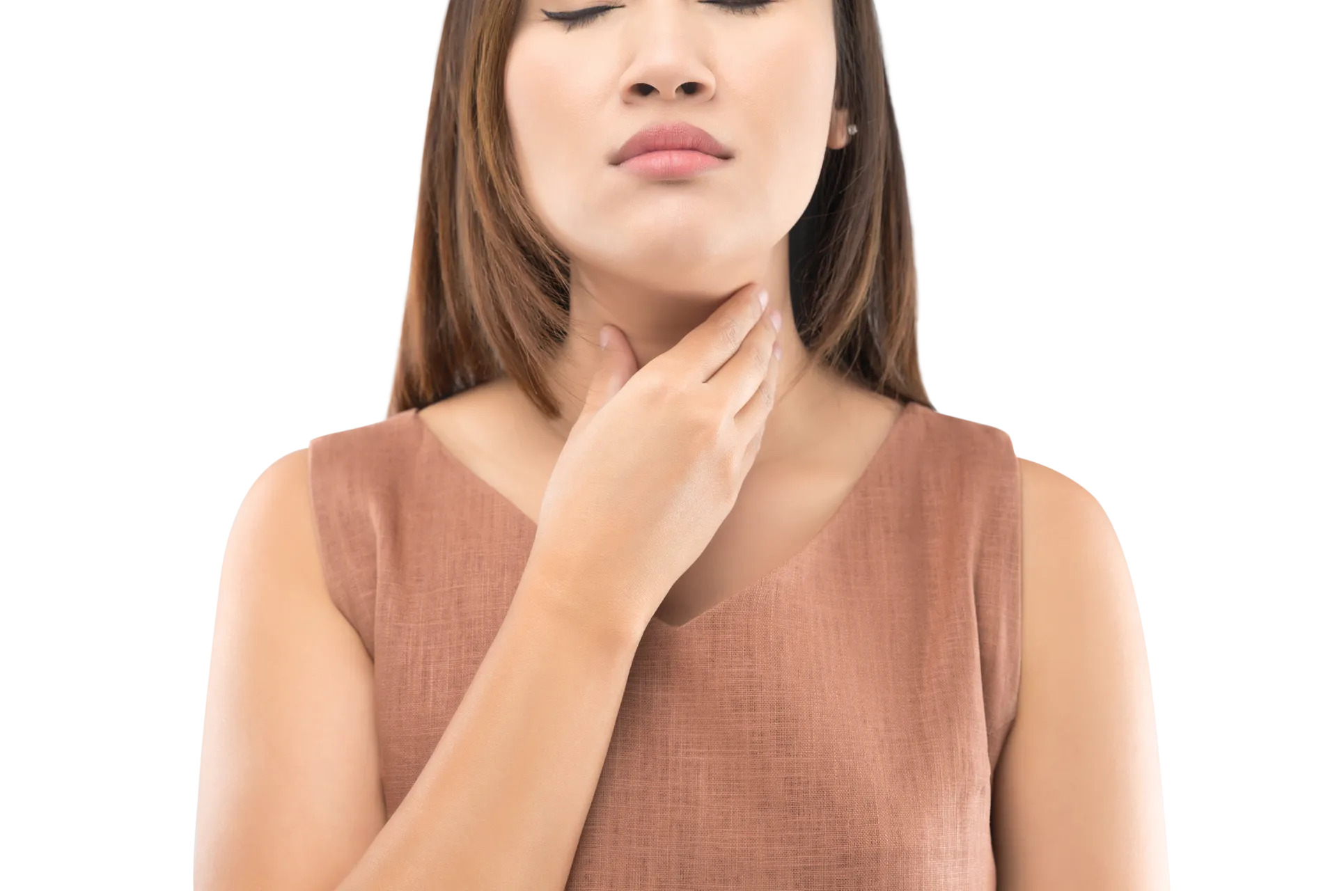 a woman feeling sore throat and touching her throat in discomfort