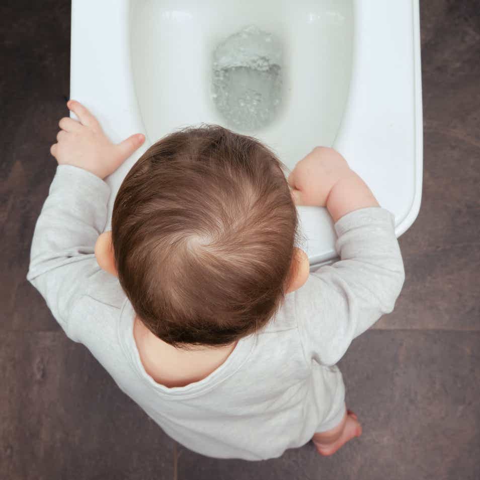 Baby touching inside of a toilet