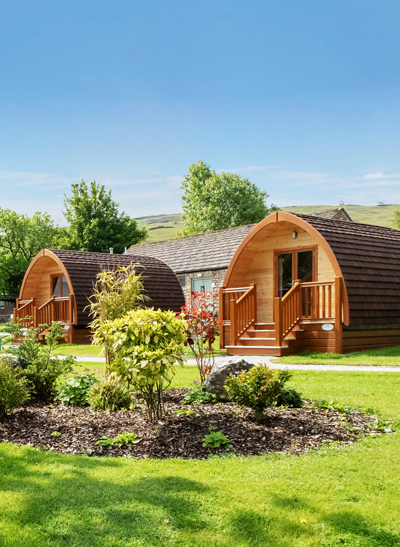 The exterior of a glamping pod at Pentire Holiday Park in Bude, Cornwall