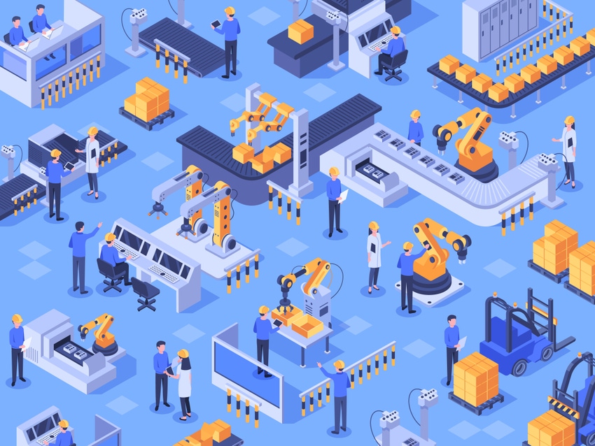 Isometric smart industrial factory. Automated production line, automation industry and factories engineer workers.