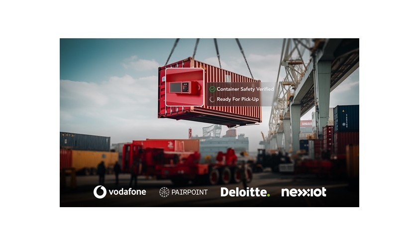 A cargo container being lifted into the air with caption stating 'Container Safety Verified' and 'Ready for pick-up'