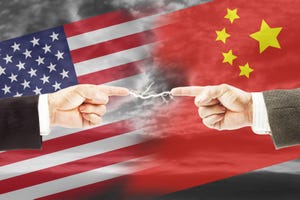 Tense relations between United States and China. Concept of conflict and stress