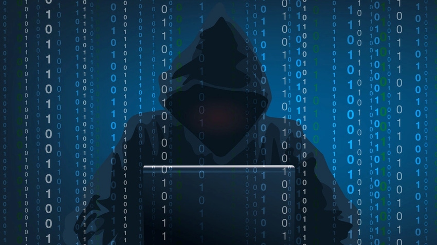 A background of binary codes, the silhouette of a hooded person, and a laptop in front of them.