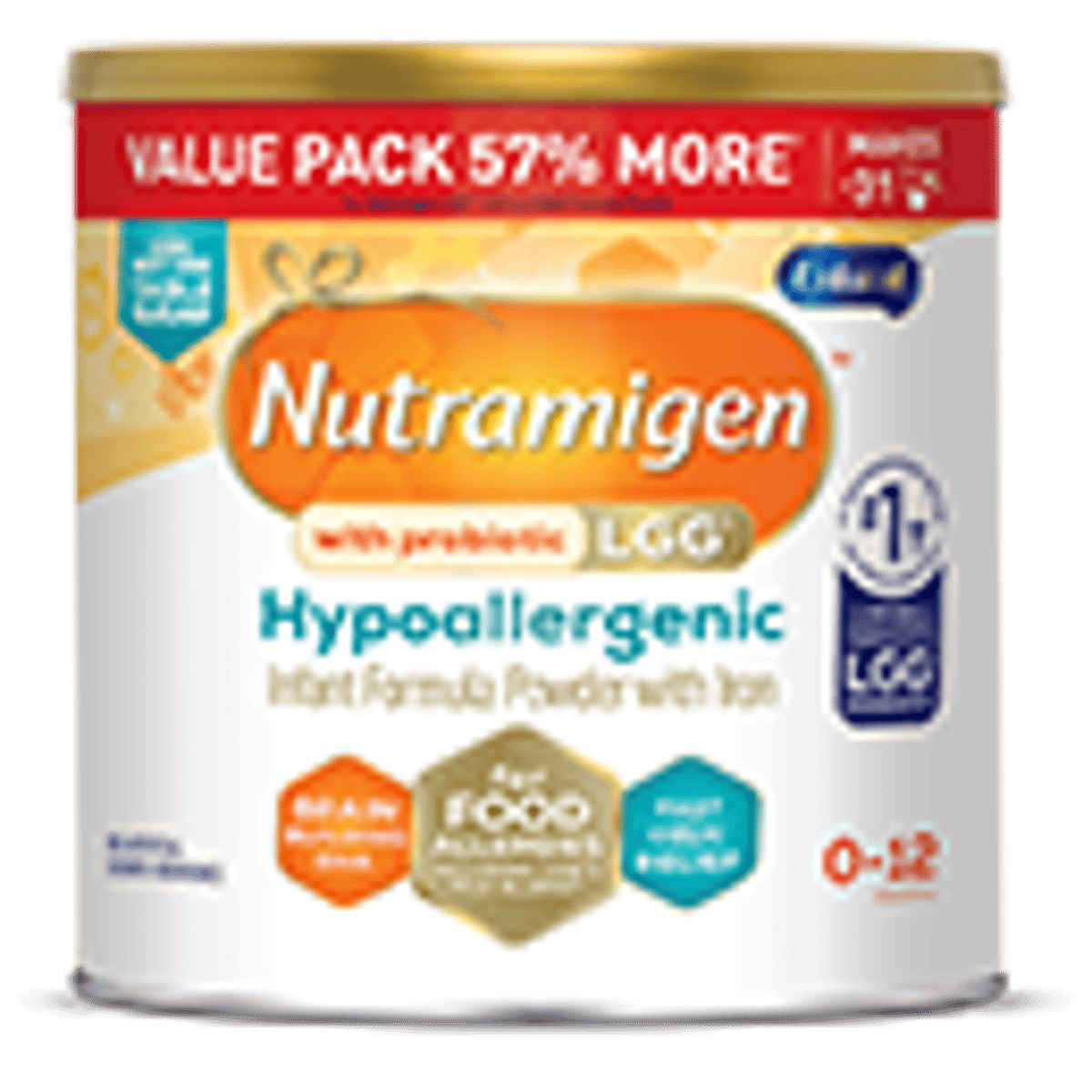 Nutramigen hypoallergenic infant formula can with LGG probiotics, 8 oz size, featuring blue and orange packaging design