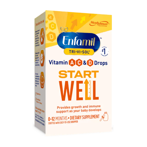 Enfamil Tri-Vi-Sol Vitamin A, C & D drops box for babies 0-12 months, orange and blue packaging with "Start Well" text