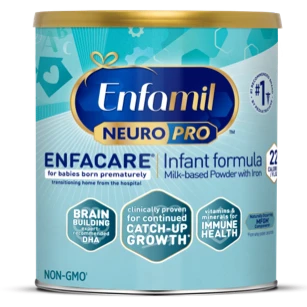 Enfamil NeuroPro Enfacare infant formula can for premature babies, featuring brain building nutrition claims and non-GMO labeling