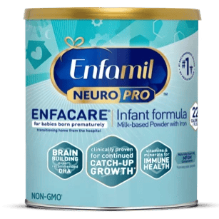 Enfamil NeuroPro Enfacare infant formula can for premature babies, featuring brain building nutrition claims and non-GMO labeling