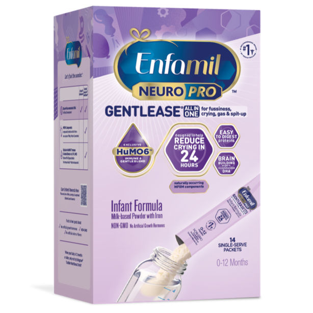 Enfamil NeuroPro Gentlease infant formula box in purple packaging with single-serve powder packets for 0-12 months