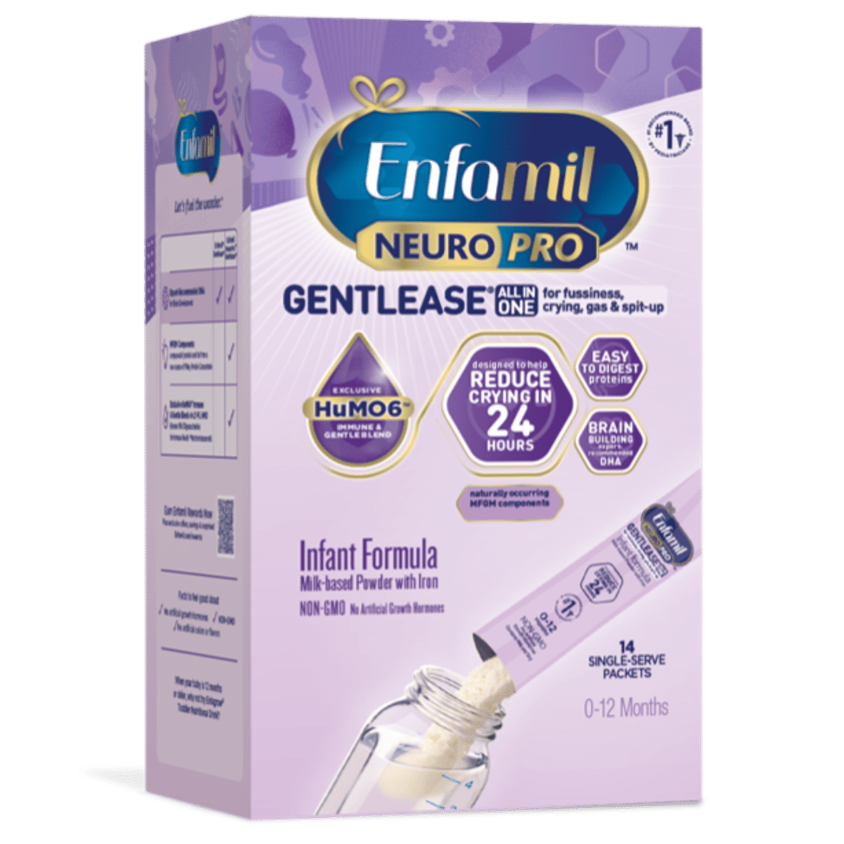 Enfamil NeuroPro Gentlease infant formula box in purple packaging with single-serve powder packets for 0-12 months