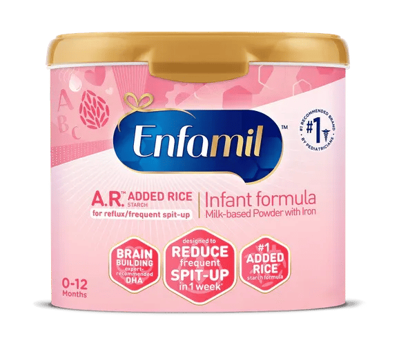 Enfamil A.R. infant formula container with pink label, featuring added rice starch for reflux and frequent spit-up, ages 0-12 months