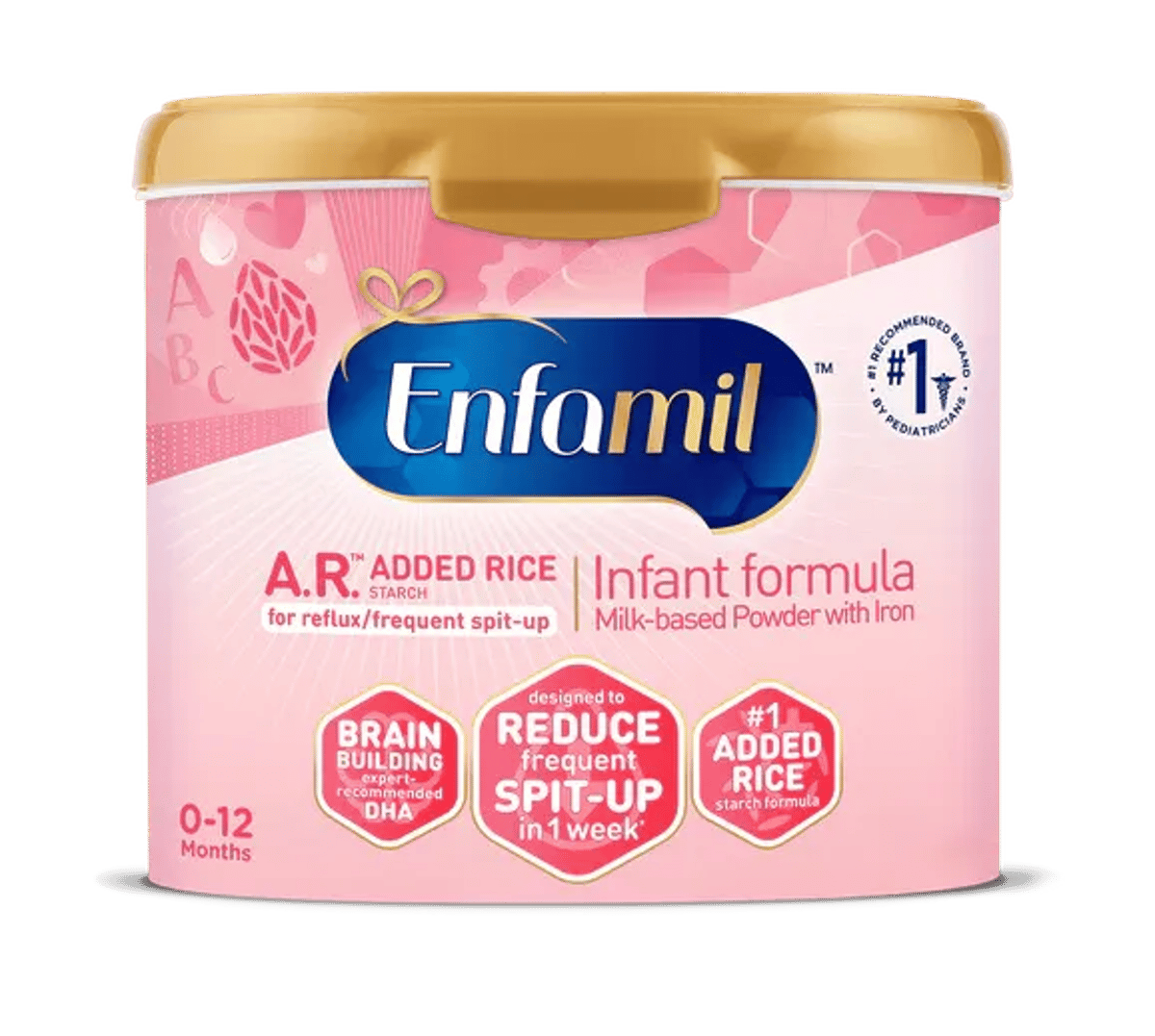 Enfamil A.R. infant formula container with pink label, featuring added rice starch for reflux and frequent spit-up, ages 0-12 months