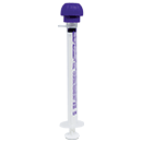 Clear plastic 1mL syringe with purple plunger and measurement markings along the barrel