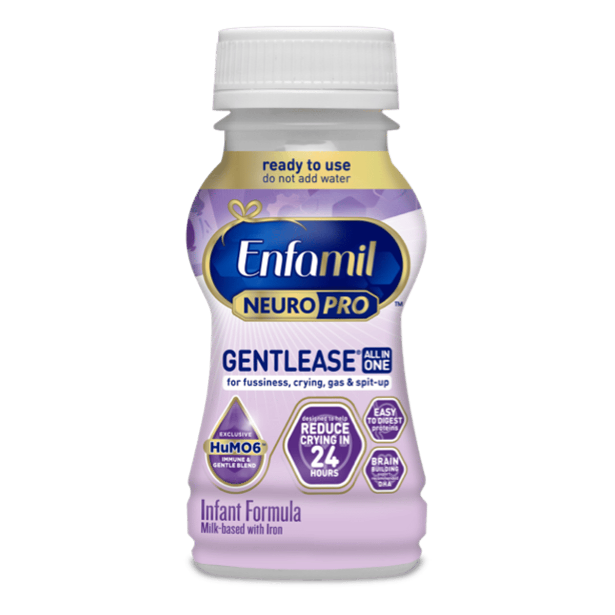 Enfamil NeuroPro Gentlease ready-to-use infant formula bottle in purple packaging with white cap