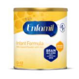 Yellow Enfamil infant formula can, 12.5 oz size with blue logo and "First Formula" text