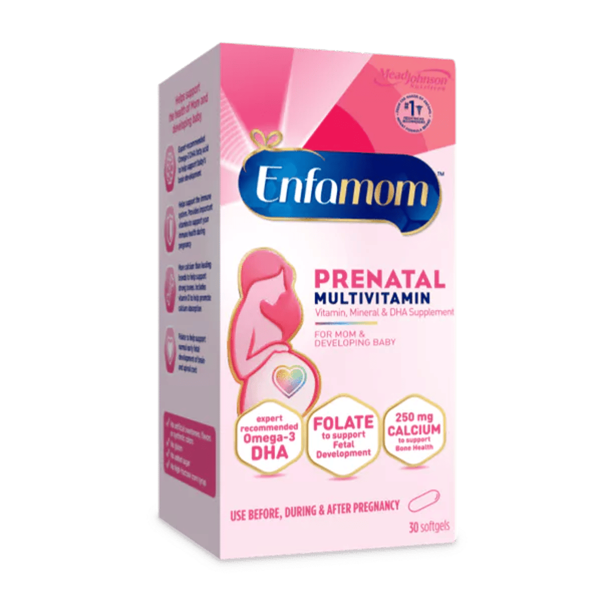 Enfamom Prenatal Multivitamin box in pink packaging, featuring DHA, Folate, and 250mg Calcium for pregnancy support, 30 softgels