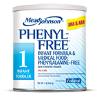 Mead Johnson PhenylFree 1 infant formula powder can, white container with blue and orange labeling for phenylalanine-free nutrition