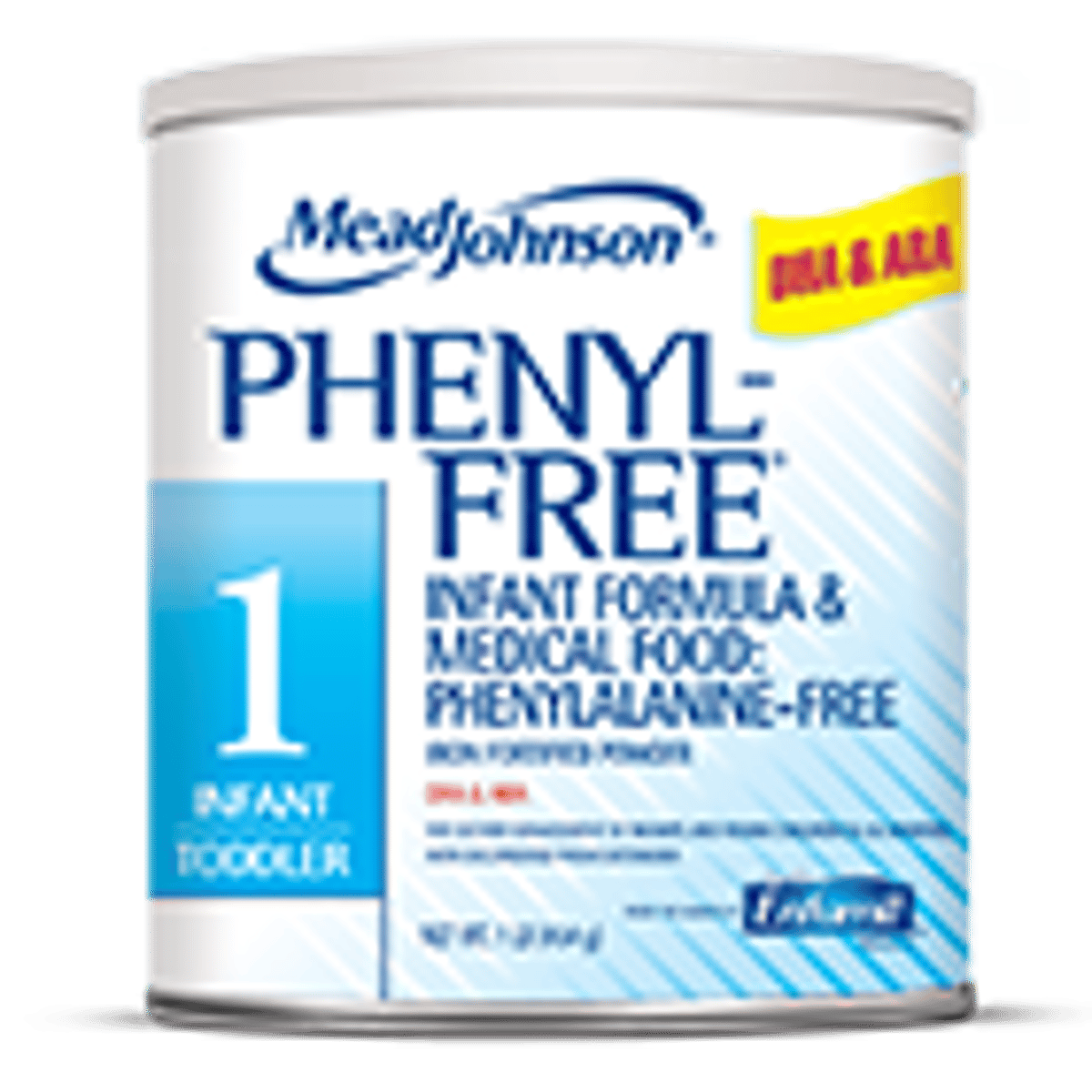 Mead Johnson PhenylFree 1 infant formula powder can, white container with blue and orange labeling for phenylalanine-free nutrition