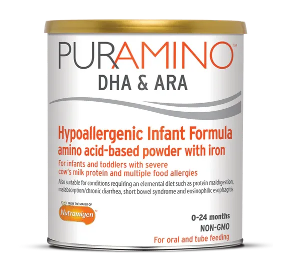PurAmino DHA & ARA hypoallergenic infant formula can with gold lid, designed for babies with severe milk protein and food allergies, ages 0-24 months