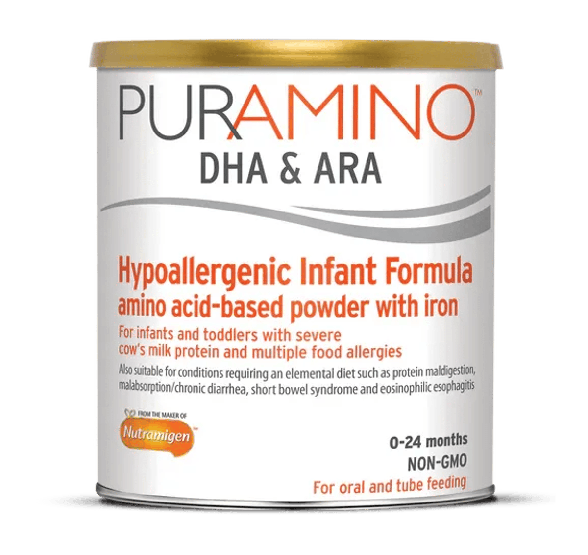 PurAmino DHA & ARA hypoallergenic infant formula can with gold lid, designed for babies with severe milk protein and food allergies, ages 0-24 months