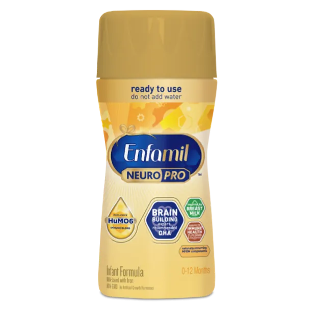 Enfamil NeuroPro ready-to-use infant formula bottle with gold cap, featuring brain building and HuMO6 labels