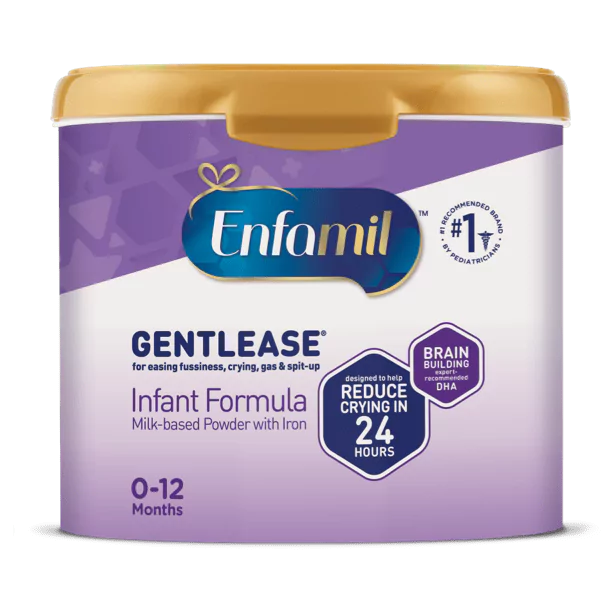 Enfamil Gentlease infant formula container in purple and white packaging with gold lid, labeled for 0-12 months with claims to reduce crying in 24 hours