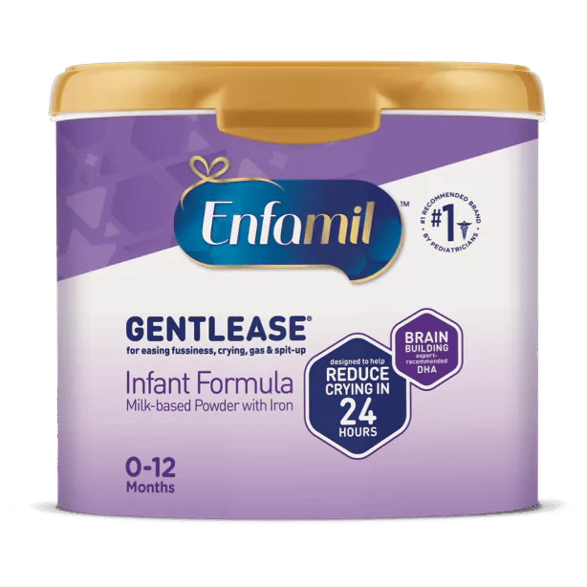 Enfamil Gentlease infant formula container in purple and white packaging with gold lid, labeled for 0-12 months with claims to reduce crying in 24 hours
