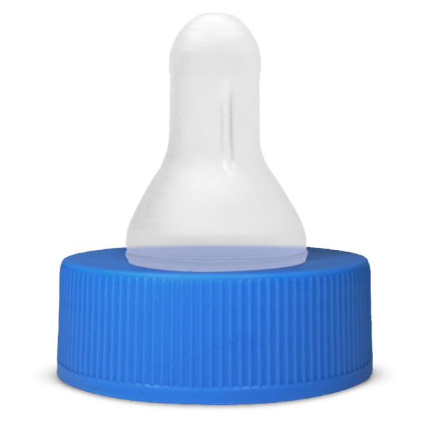 White silicone nipple attachment on blue threaded bottle cap for infant feeding