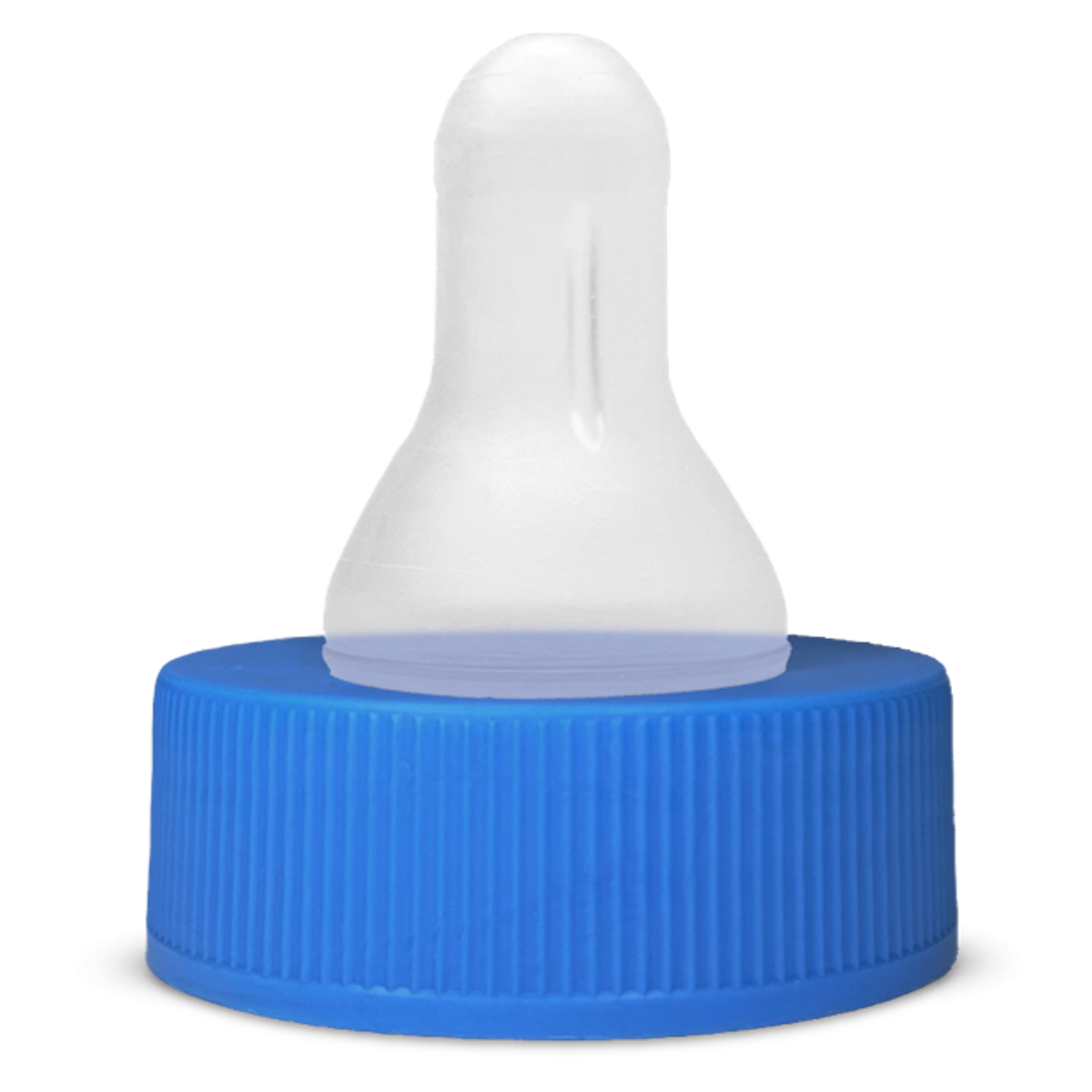 White silicone nipple attachment on blue threaded bottle cap for infant feeding