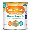Nutramigen LGG hypoallergenic infant formula powder can, 6 oz size with orange and white packaging