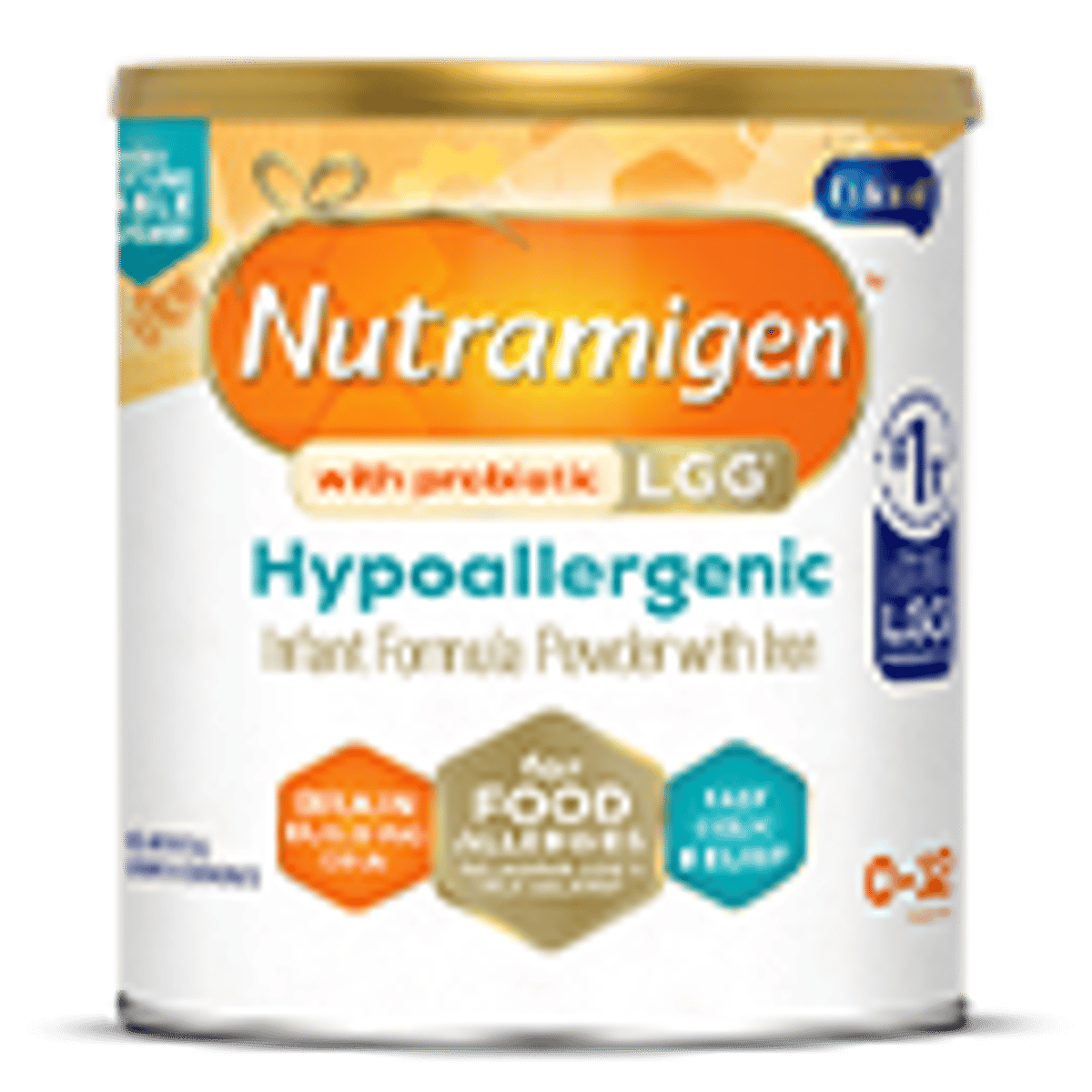 Nutramigen LGG hypoallergenic infant formula powder can, 6 oz size with orange and white packaging